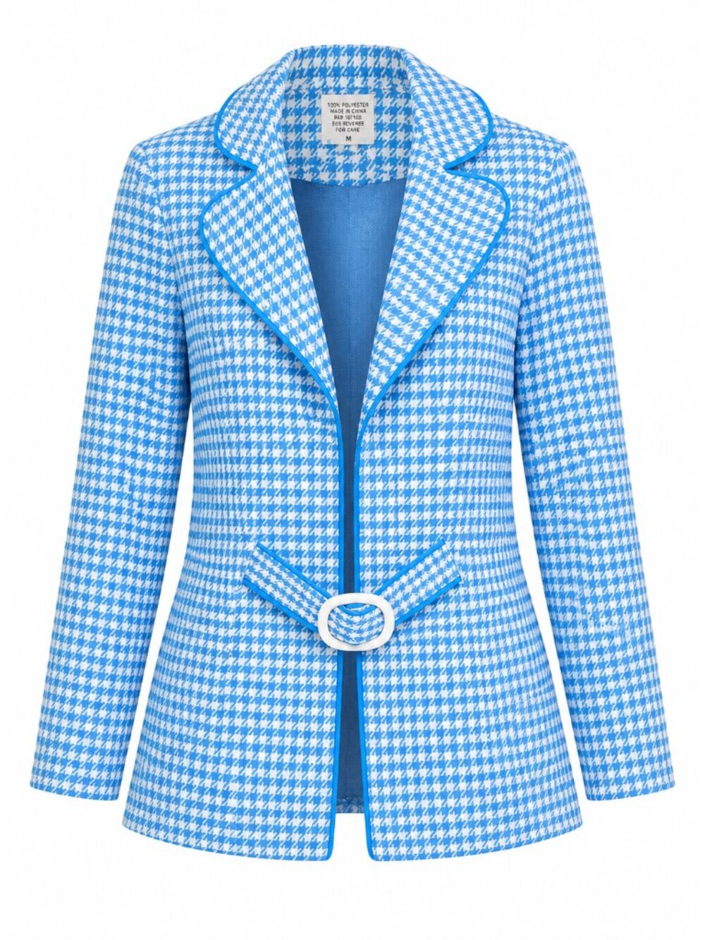 Vintage Jacket Womens Medium Blue White Houndstooth Belted Mod Retro Jackie O